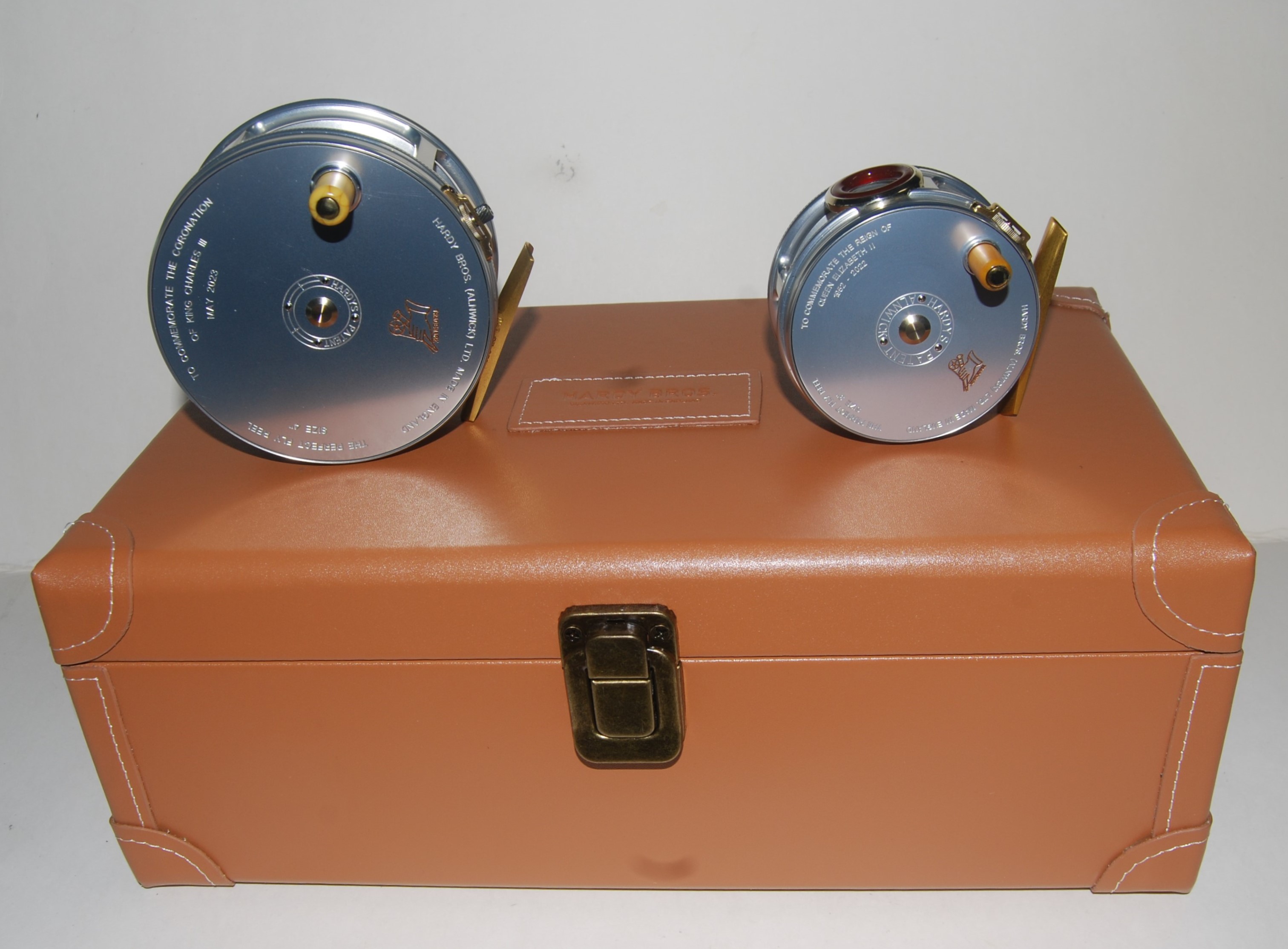 HARDY ROYAL COMMEMORATIVE PERFECT REEL SET. LHW. Limited Edition. One of  250 Sets. Each set consists of two reels: The 3 in. Queen's Reel, and the 4  in. King's Reel