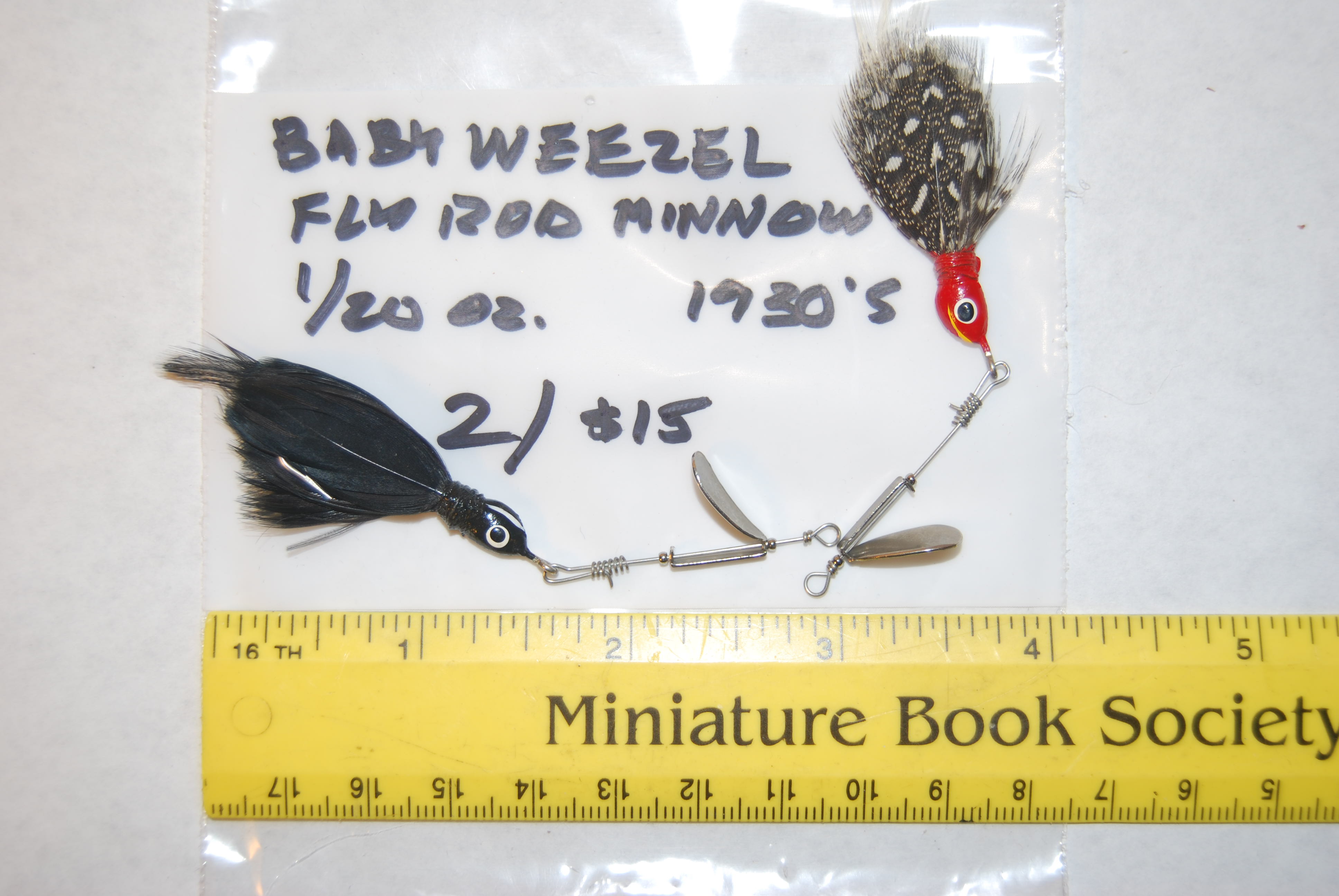 WEEZEL “BABY WEEZEL FEATHERED MINNOW’ Fly Rod Lure 1/20 oz. Circa 1930’s. 2  lures.
