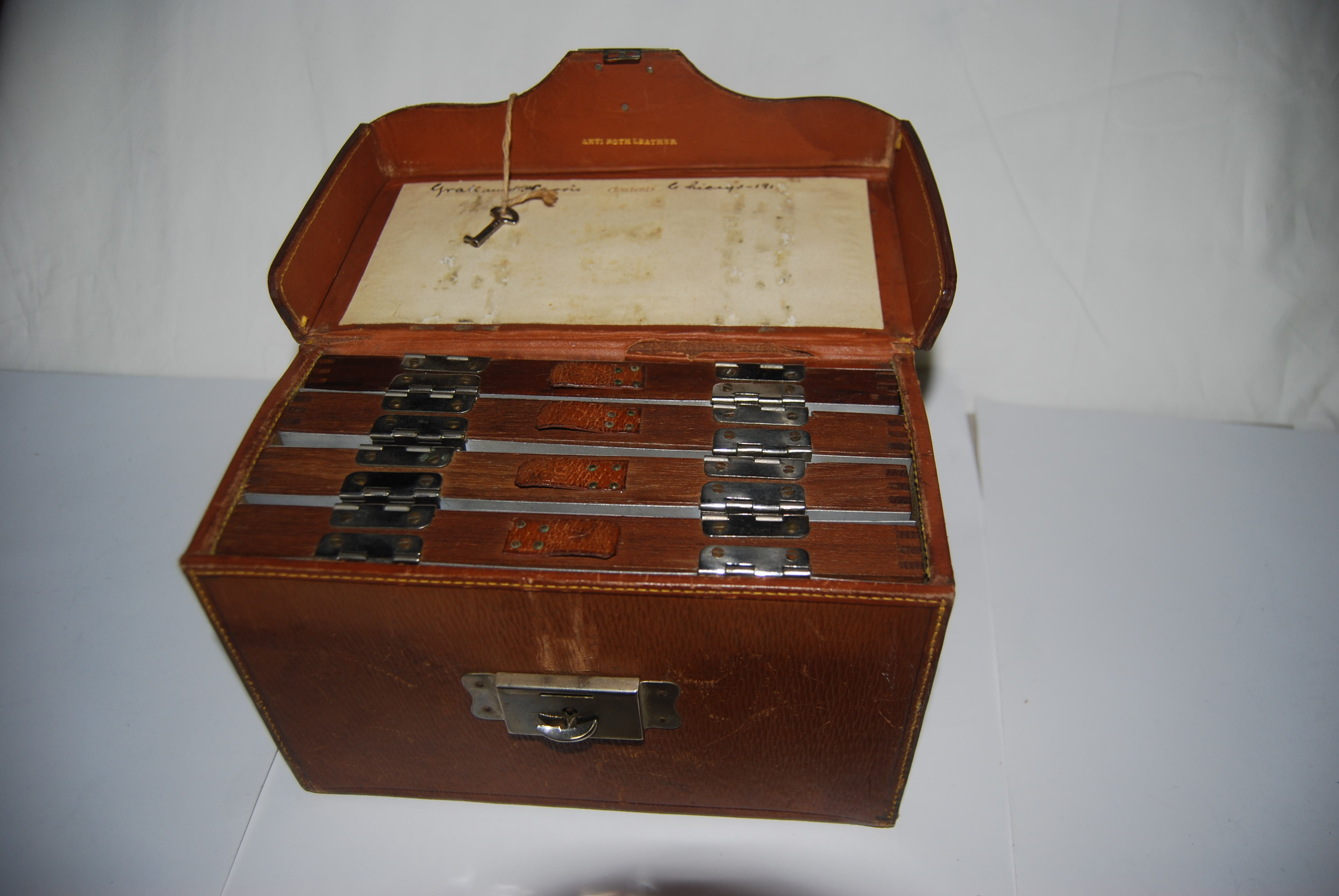 EARLY SALMON FLY STOCK CASE WITH FOUR WALLET INSERTS Holding 320 GUT-EYED  FULL DRESSED SALMON FLIES on Salmon Fly Clips. 8 1/2 in. x 5 in. x 4 1/4  in. Circa 1911-1918. SOLD