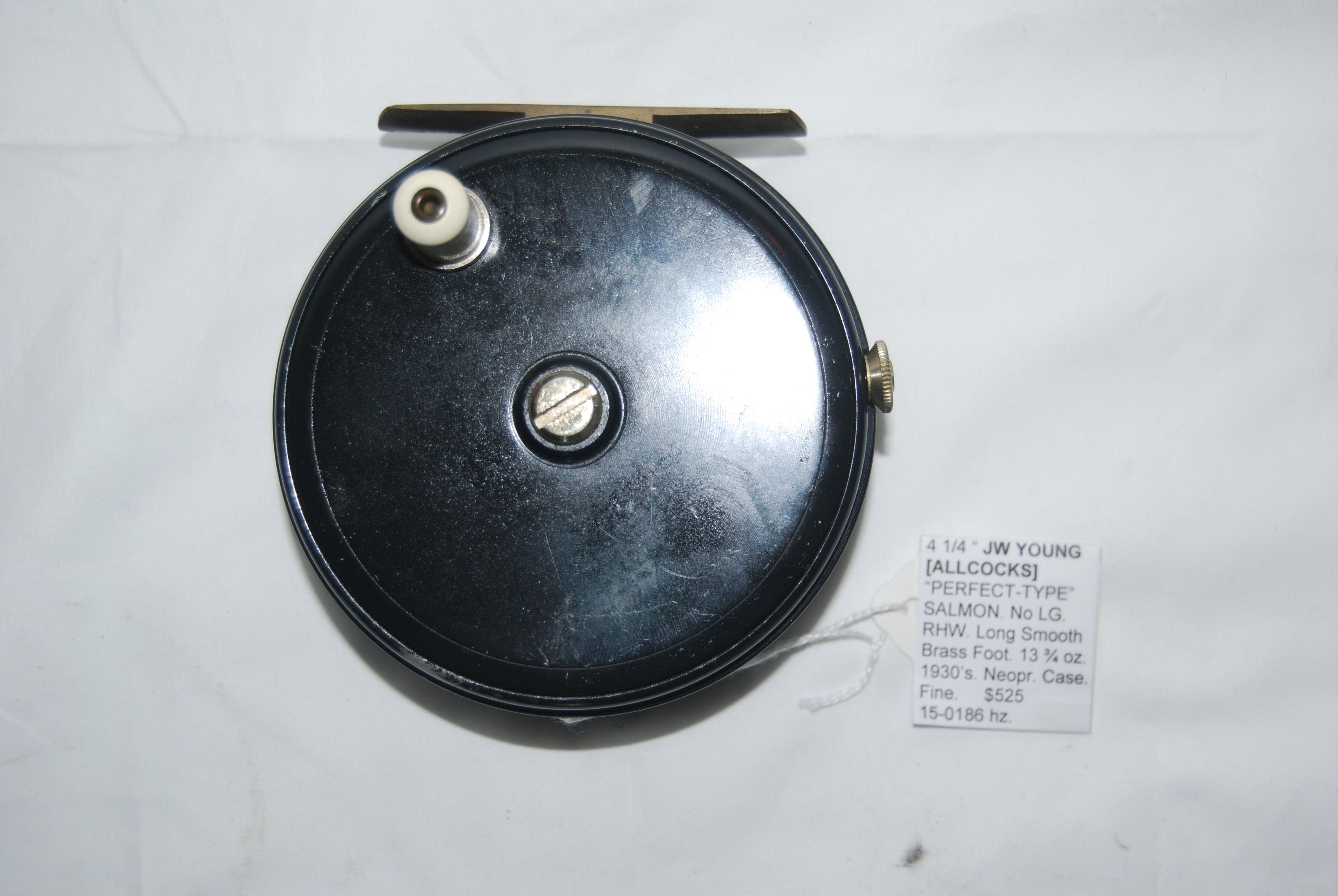 4 1/4 ALLCOCKS [JW YOUNG] PERFECT-TYPE SALMON REEL. No Line Guard. RHW.  Long smooth brass foot fastened with 3 screws [3 1/4"]; Adjustable Dual  Check Mechanism; Ball-bearing Race; White Xylonite Knob; Totally